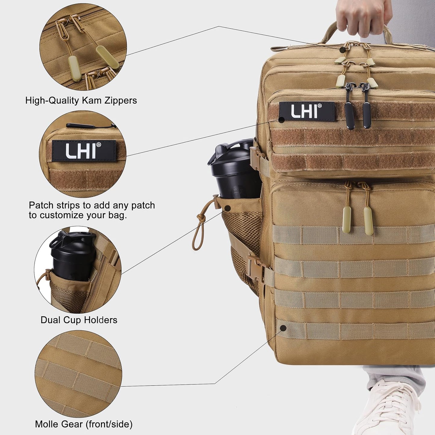 LHI Military Tactical Backpack for Men and Women 45L Army 3 Days Assault Pack Bag Large Rucksack with Molle System - Black - Colors B