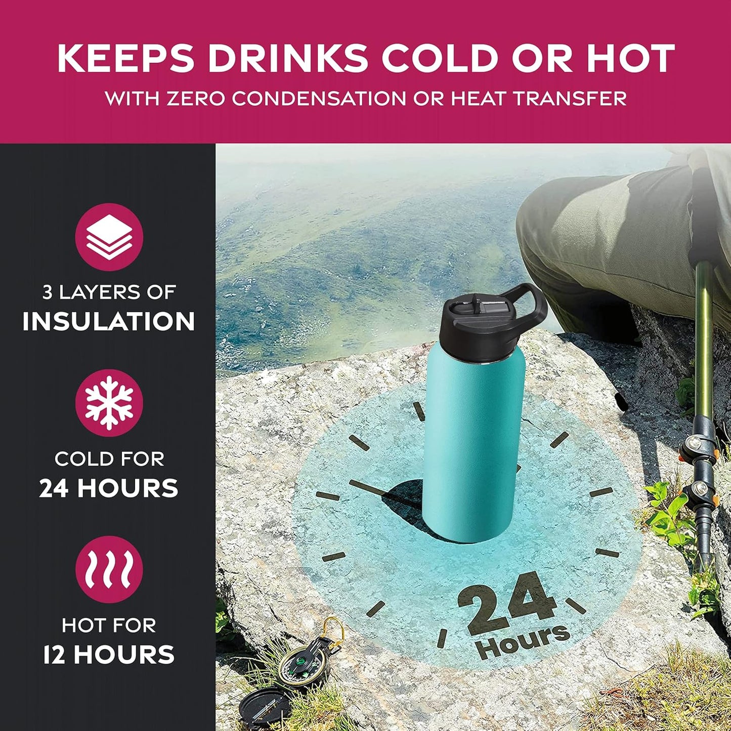 FineDine Water Bottle - Stainless Steel Insulated Water Bottle with Straw Lid, Flip Lid & Wide-Mouth Cap - Keeps Hot and Cold - 25 Oz / 739ml - Dreamy Purple