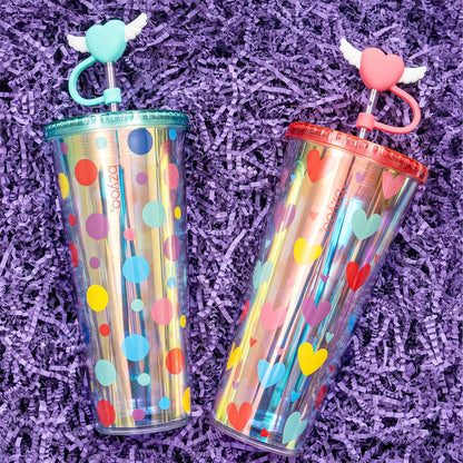 bzyoo SIP 24oz (710ml) Double Wall Plastic Tumbler with Lid and Straw Cold Drink Travel Mug Reusable Party Cup Perfect for Office Ice Coffee or Tea and Gift Color: Pink & Purple