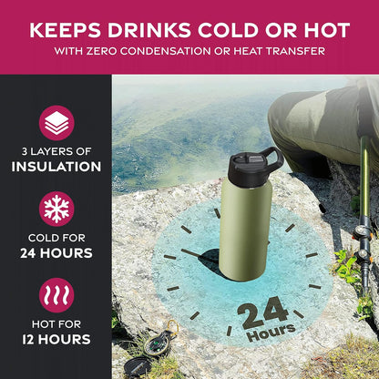 FineDine Water Bottle - Stainless Steel Insulated Water Bottle with Straw Lid, Flip Lid & Wide-Mouth Cap - Keeps Hot and Cold - 25 Oz / 739ml - Dreamy Purple
