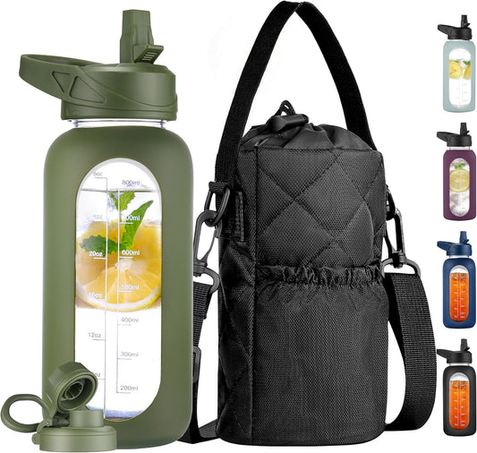 CIVAGO 32 oz Glass Water Bottle with Straw and Insulated Bottle Holder Sling, Motivational Water jug with Time Marker and Silicone Sleeve, Large Sport Water Flask with 2 Lids, Black