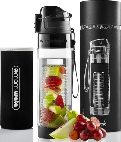 MAMI WATA Fruit Infuser Water Bottle – 24 oz – Tritan Plastic - Unique Stylish Design – Fruit Infused Water recipes eBook & Insulating sleeve – Beautiful Gift Box