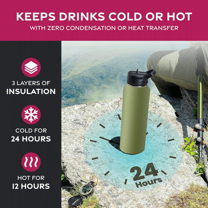 FineDine Water Bottle - Stainless Steel Insulated Water Bottle with Straw Lid, Flip Lid & Wide-Mouth Cap - Keeps Hot and Cold - 25 Oz / 739ml - Dreamy Purple
