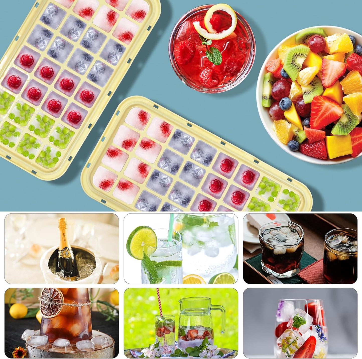 Ice Trays for Freezer with Lid & Bin, Ice Cube Tray Making 64 pcs Ice Cubes, Easy Press to Release Ice, Ice Tray with Storage Bin Chilling Cocktail Whiskey Coffee 2 Trays 1 Ice Bucket & Scoop (Black)