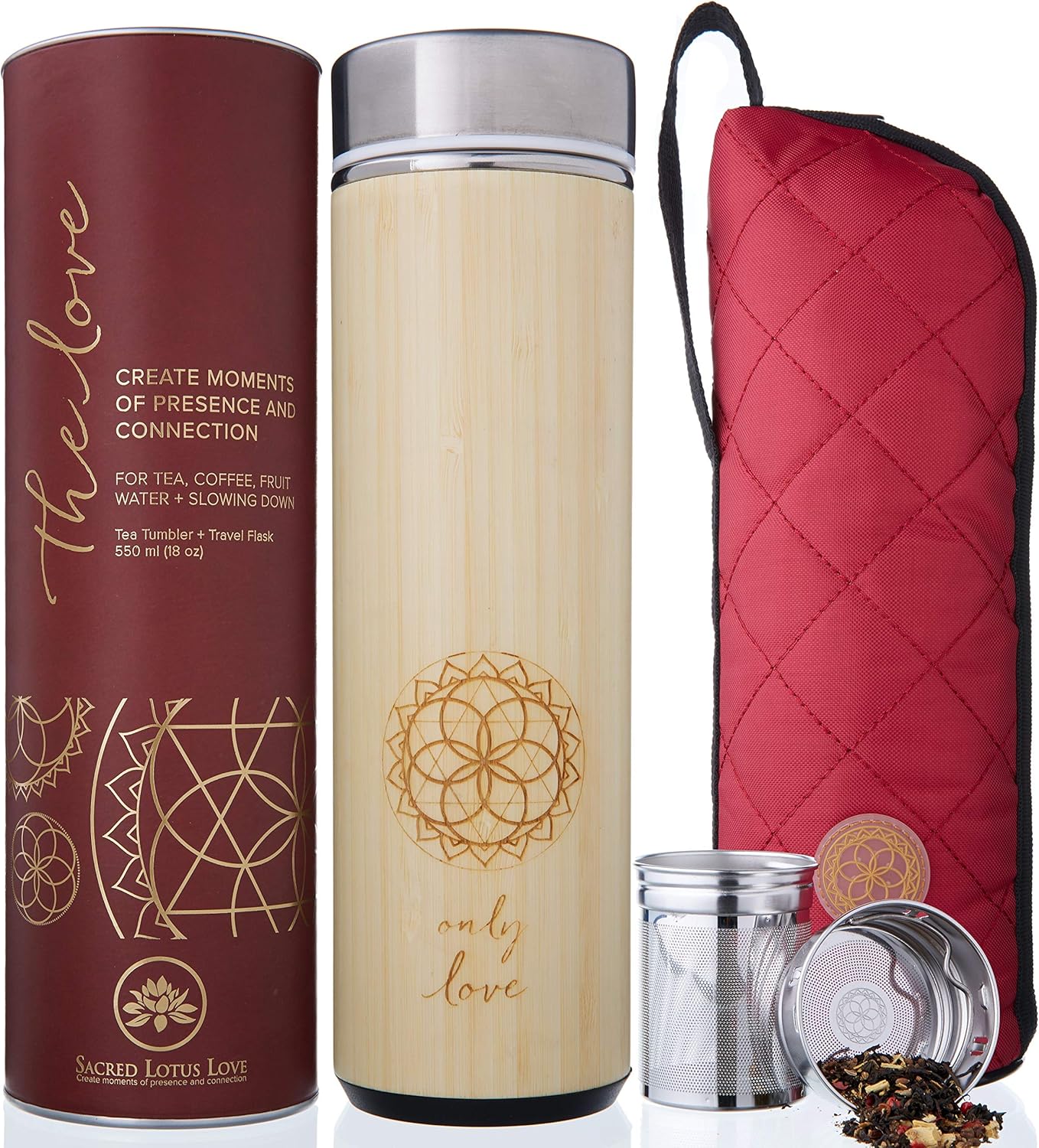 Sacred Lotus Love Insulated Bamboo Tea Travel Tumbler with Infuser, Strainer & Sleeve - For Hot Coffee or Cold, Stainless Steel Coffee Mug, Ideal Tea Gift Set, Keeps Beverages Hotter for Longer