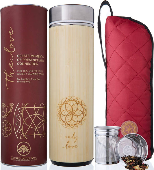 Sacred Lotus Love Insulated Bamboo Tea Travel Tumbler with Infuser, Strainer & Sleeve - For Hot Coffee or Cold, Stainless Steel Coffee Mug, Ideal Tea Gift Set, Keeps Beverages Hotter for Longer