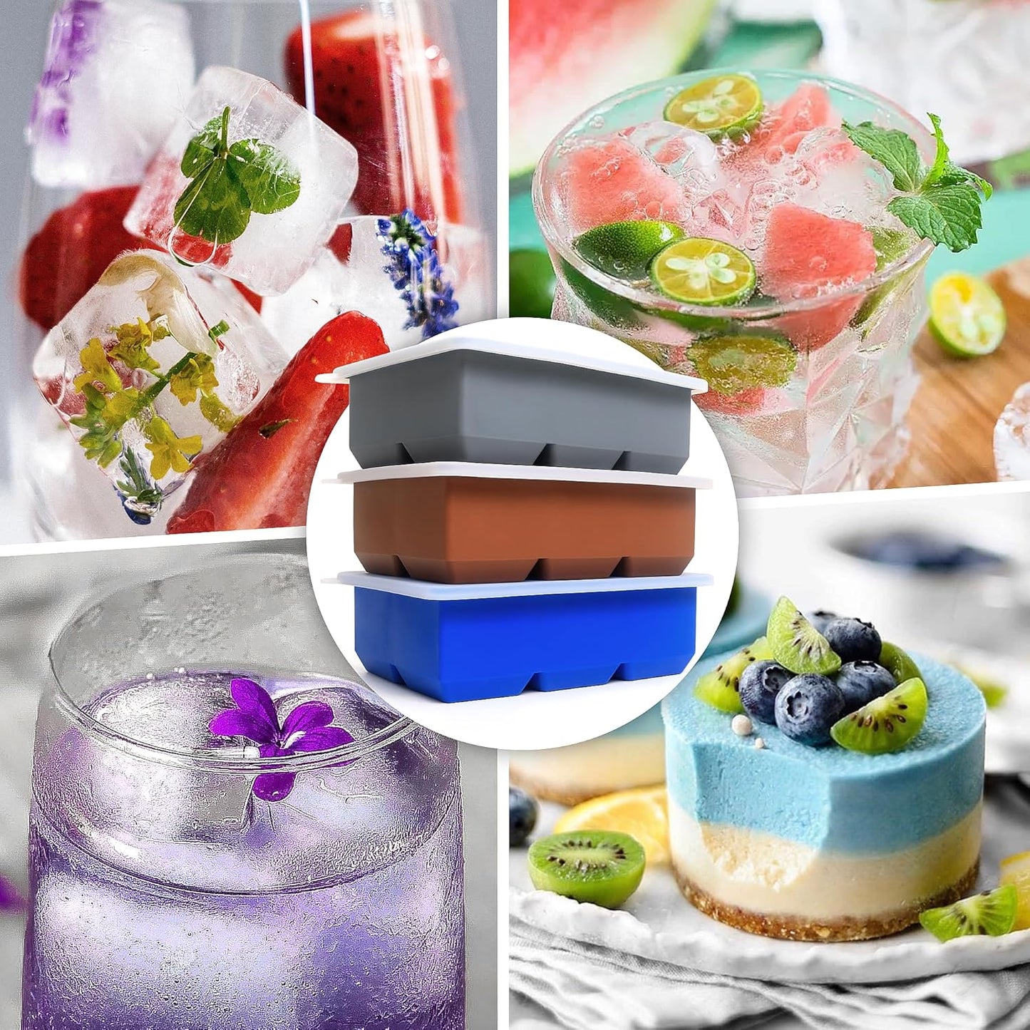 Excnorm Silicone Ice Cube Trays 3 Pack - Large Size Silicone Ice Cube Molds with Leak Proof Removable Lid Square Ice Cube Tray And BPA Free for Cocktail,Whiskey, Stackable Flexible Ice
