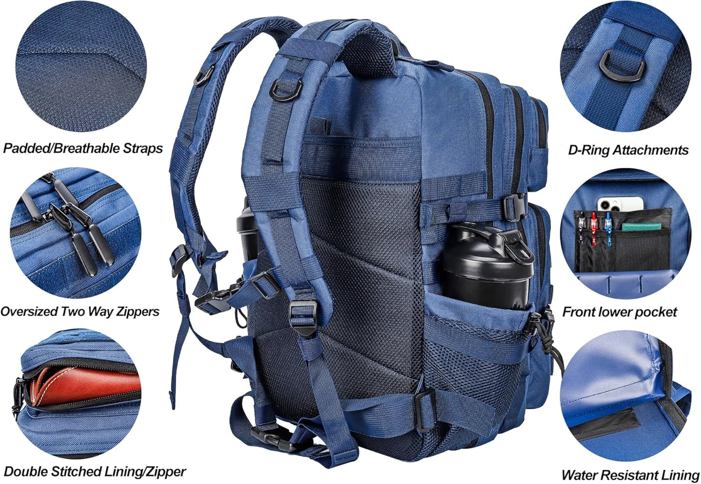 LHI Military Tactical Backpack for Men and Women 45L Army 3 Days Assault Pack Bag Large Rucksack with Molle System - Black - Colors B