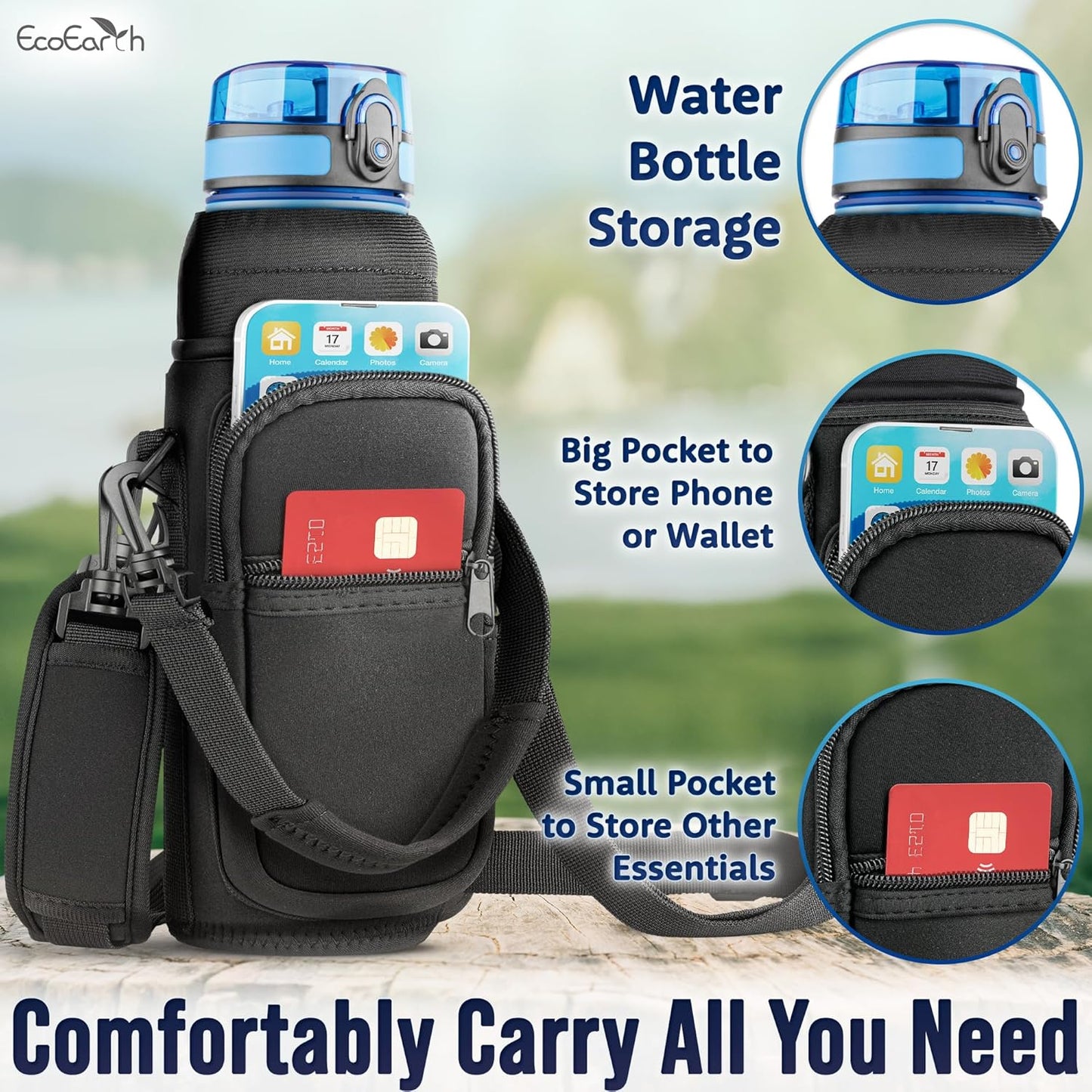 EcoEarth - Water Bottle Holder with Strap - Water Bottle Carrier Bag for Hiking - Crossbody Hydration Pouch with Phone Holder