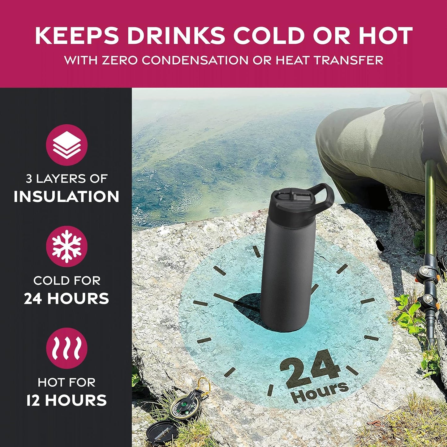 FineDine Water Bottle - Stainless Steel Insulated Water Bottle with Straw Lid, Flip Lid & Wide-Mouth Cap - Keeps Hot and Cold - 25 Oz / 739ml - Dreamy Purple