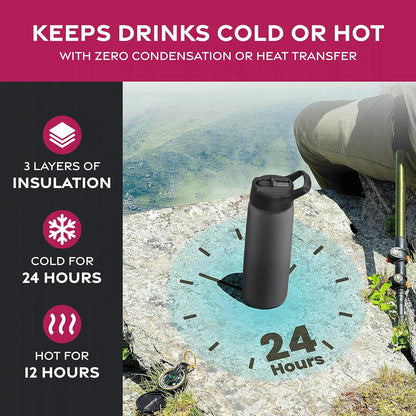 FineDine Water Bottle - Stainless Steel Insulated Water Bottle with Straw Lid, Flip Lid & Wide-Mouth Cap - Keeps Hot and Cold - 25 Oz / 739ml - Dreamy Purple