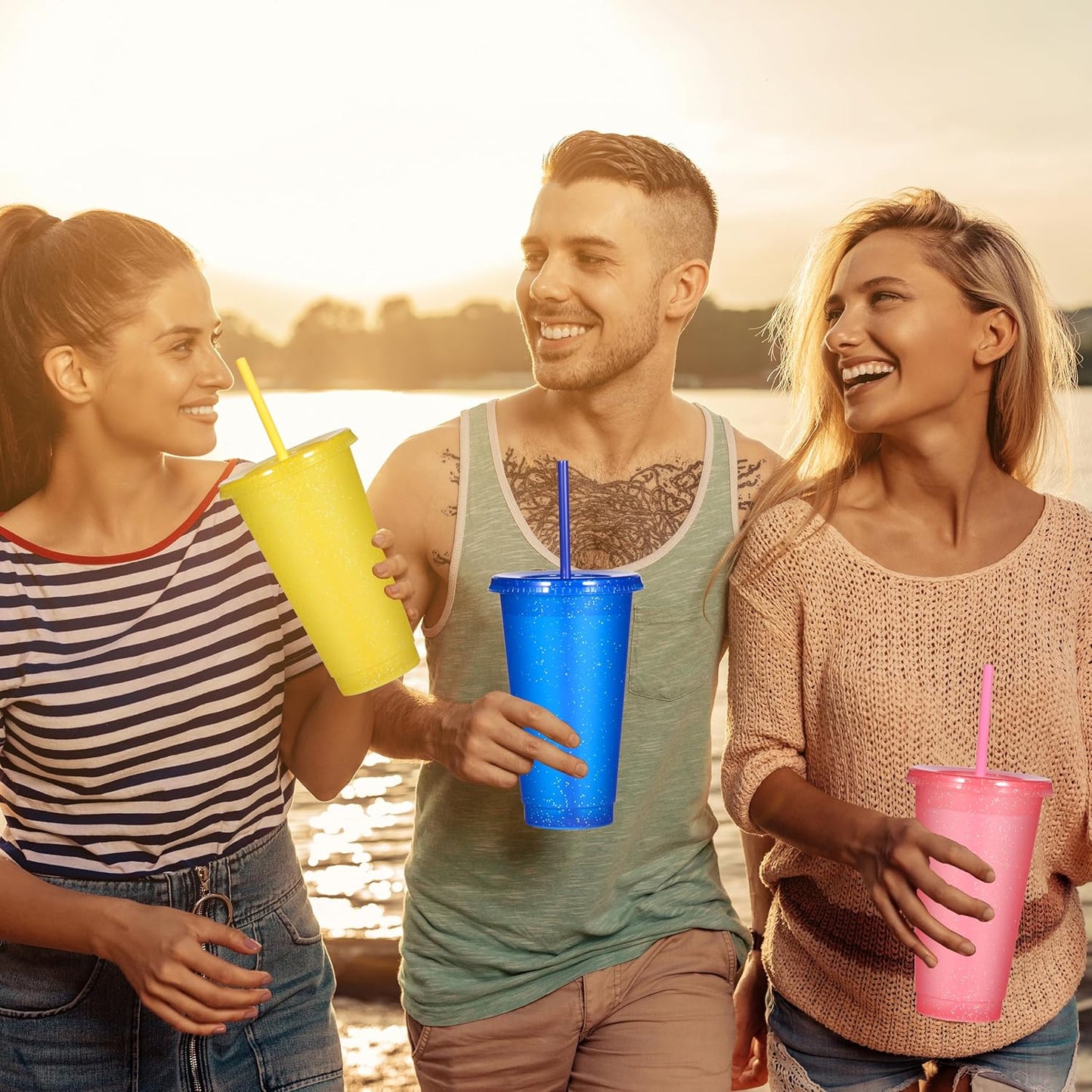Suertestarry Tumbler with Straw and Lid,Water Bottle Iced Coffee Travel Mug Cup,Reusable Plastic Cups,Perfect for Parties,Birthdays,24oz-5 Pack (Rainbow, 5pack)