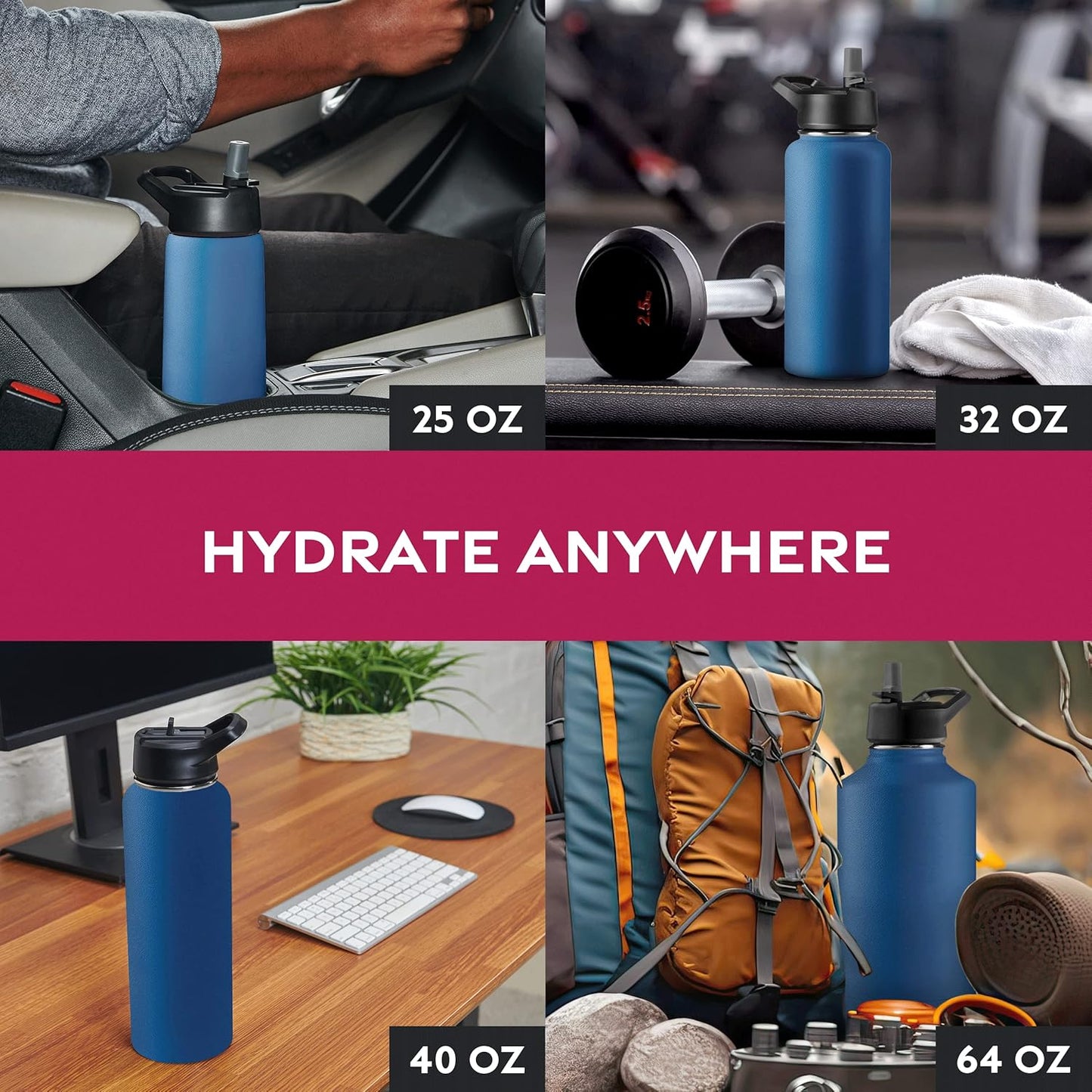 FineDine Water Bottle - Stainless Steel Insulated Water Bottle with Straw Lid, Flip Lid & Wide-Mouth Cap - Keeps Hot and Cold - 25 Oz / 739ml - Dreamy Purple