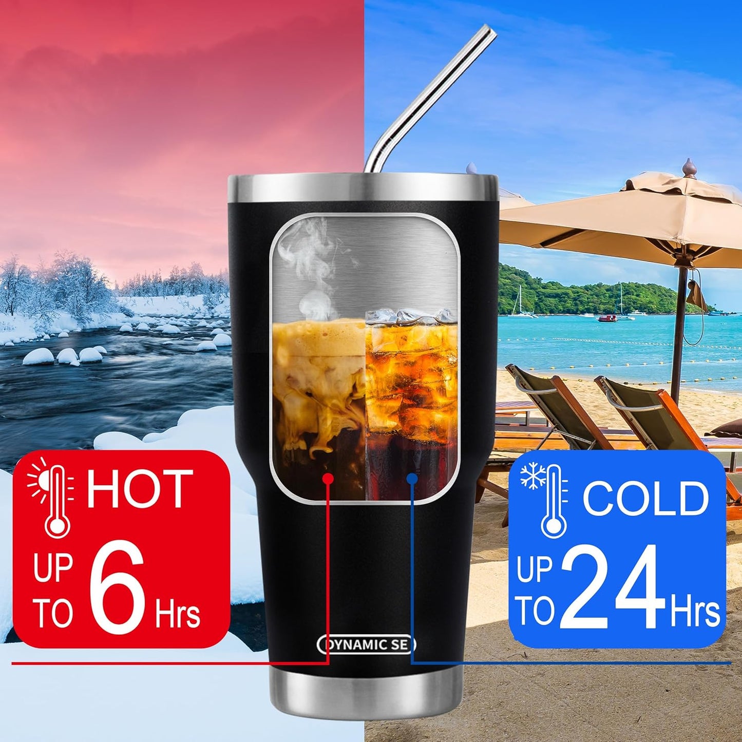 D·S 30oz Blue Tumbler Stainless Steel Double Wall Vacuum Insulated Mug with Straw and Lid, Cleaning Brush for Cold and Hot Beverages