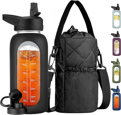 CIVAGO 32 oz Glass Water Bottle with Straw and Insulated Bottle Holder Sling, Motivational Water jug with Time Marker and Silicone Sleeve, Large Sport Water Flask with 2 Lids, Black