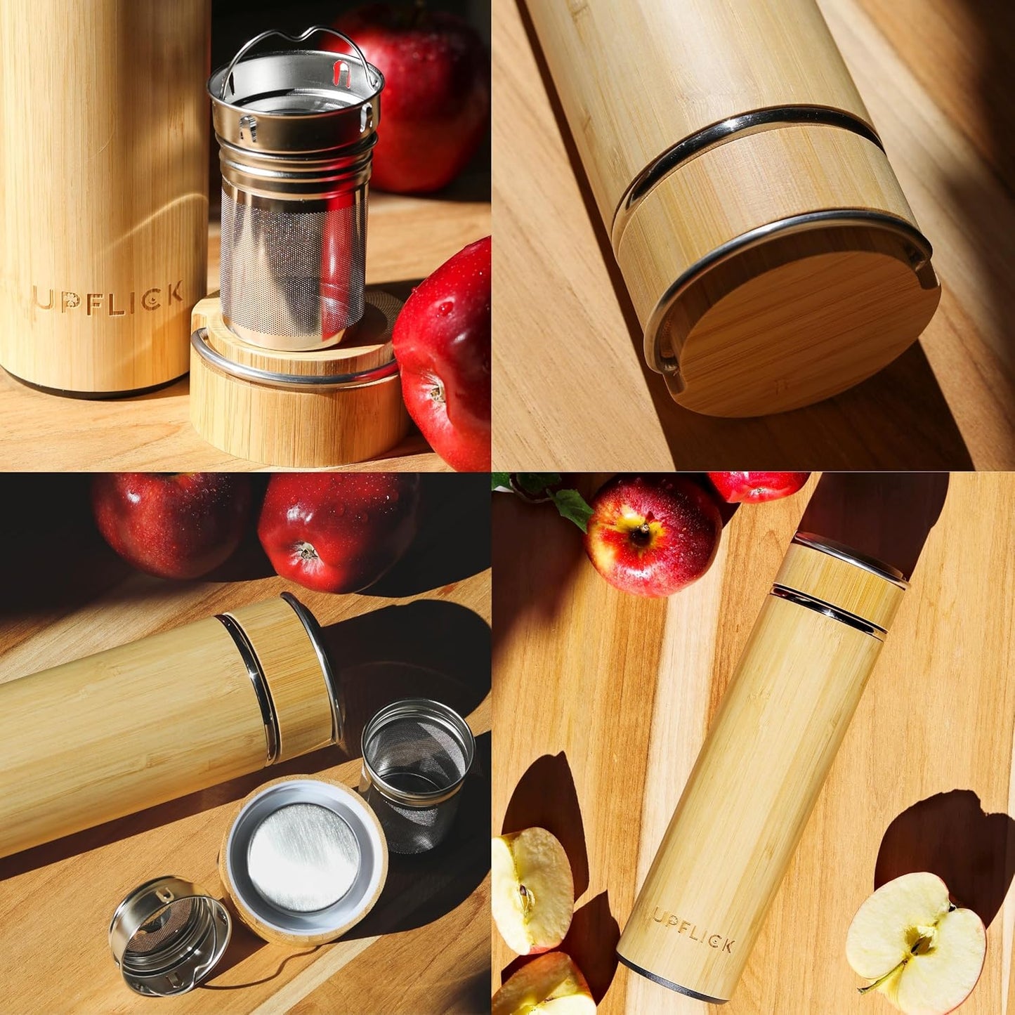 Bamboo Water Bottle Insulated Tea Tumbler for Men Birthday Gift, Women Travel Tea Set with Diffuser for Loose Tea Leaves, Stainless Steel Leak Proof Gift for Mom (15 oz)