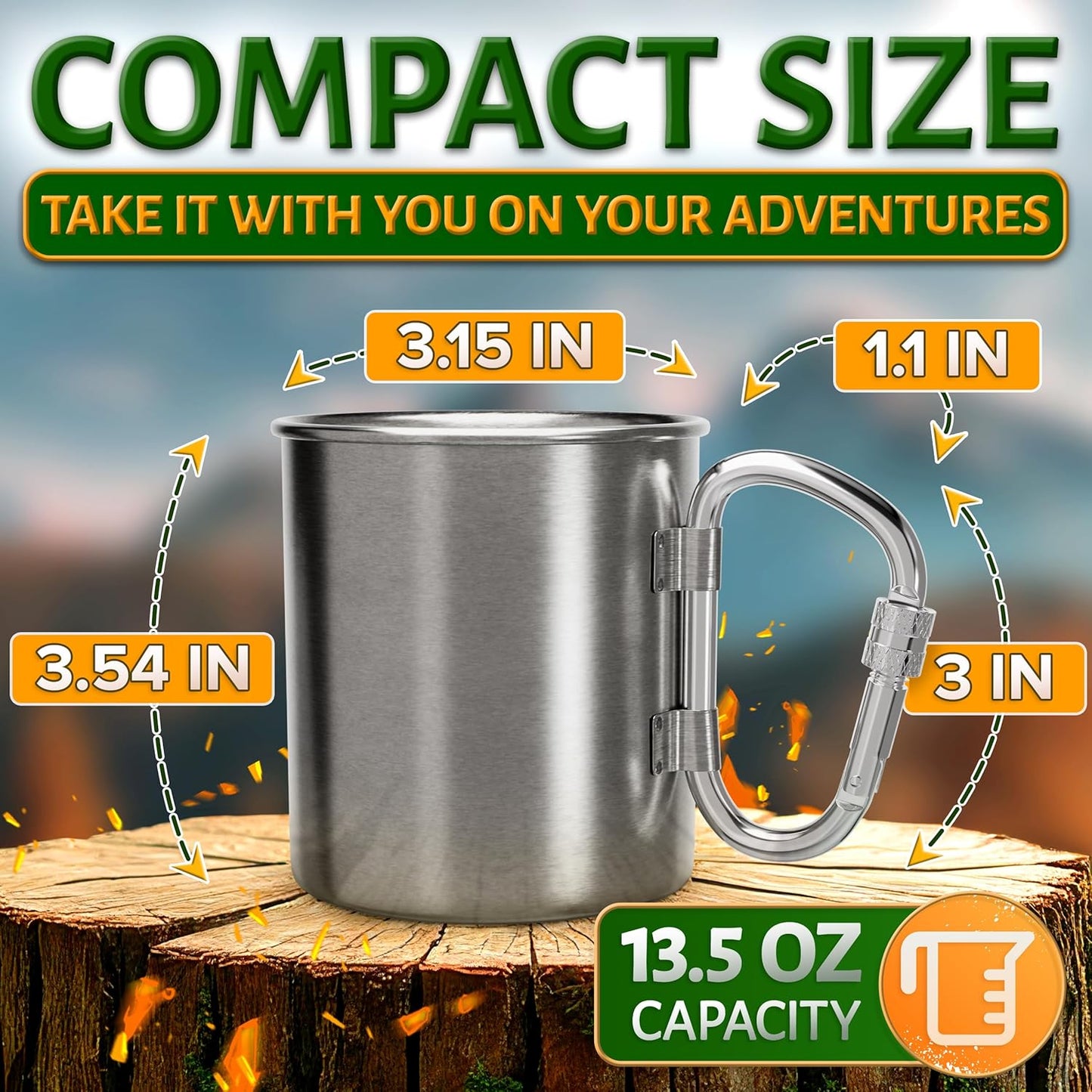 13.5 Oz Camping Mug with Carabiner Handle - Clip-On & Lightweight Design, Stainless Steel Camping Cup for Backpacking, Hiking & Travel - Packable Metal Coffee Mug for Hot & Cold Tea, Soup & Cocoa