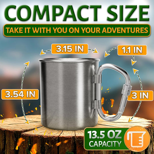 13.5 Oz Camping Mug with Carabiner Handle - Clip-On & Lightweight Design, Stainless Steel Camping Cup for Backpacking, Hiking & Travel - Packable Metal Coffee Mug for Hot & Cold Tea, Soup & Cocoa
