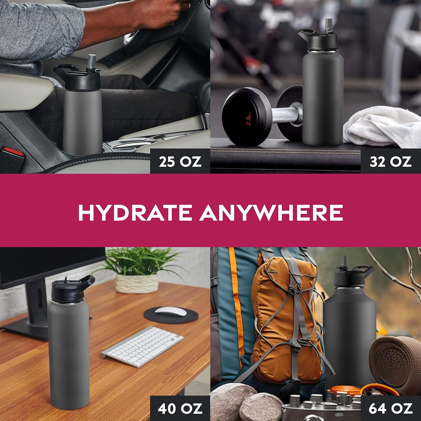 FineDine Water Bottle - Stainless Steel Insulated Water Bottle with Straw Lid, Flip Lid & Wide-Mouth Cap - Keeps Hot and Cold - 25 Oz / 739ml - Dreamy Purple