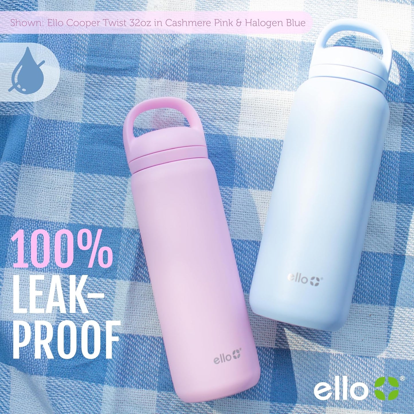 Ello Cooper 22oz Stainless Steel Water Bottle with Straw and Carry Handle, Double Walled and Vacuum Insulated Metal, Leak Proof Locking Lid with Soft Silicone Spout, Reusable, BPA Free, Lilac