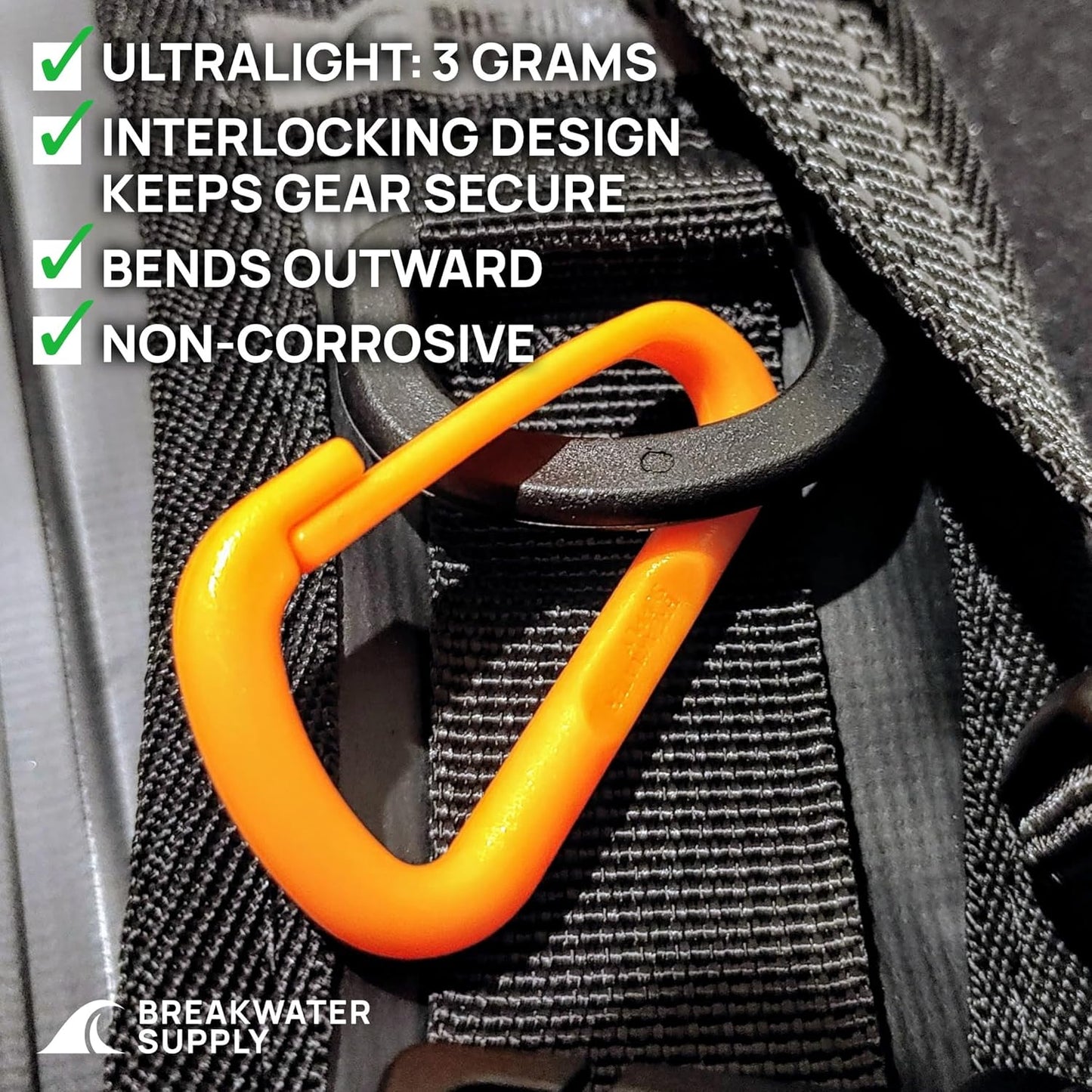 Breakwater Supply™ Hingeless Carabiner Hooks 4 Pack, Small 2-inch Gear Attachment Clips for Backpack, Keys, Keychain, Water Bottle, MOLLE + Ultralight, Tactical, D-Ring, Non-Corrosive, D-Shape