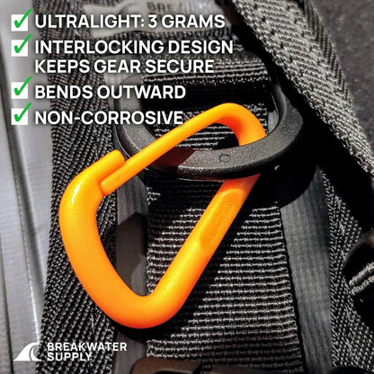 Breakwater Supply™ Hingeless Carabiner Hooks 4 Pack, Small 2-inch Gear Attachment Clips for Backpack, Keys, Keychain, Water Bottle, MOLLE + Ultralight, Tactical, D-Ring, Non-Corrosive, D-Shape