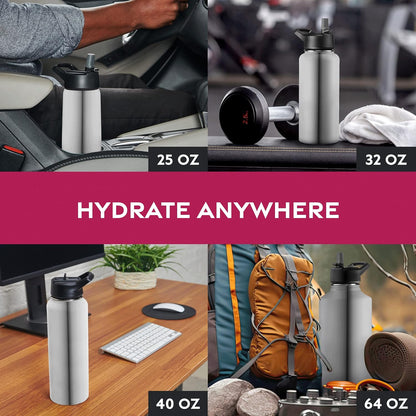 FineDine Water Bottle - Stainless Steel Insulated Water Bottle with Straw Lid, Flip Lid & Wide-Mouth Cap - Keeps Hot and Cold - 25 Oz / 739ml - Dreamy Purple