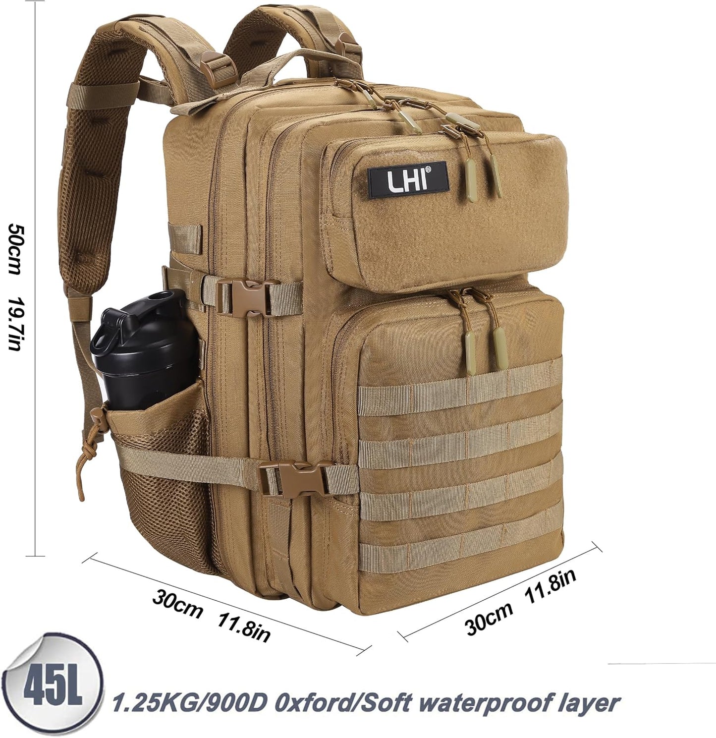 LHI Military Tactical Backpack for Men and Women 45L Army 3 Days Assault Pack Bag Large Rucksack with Molle System - Black - Colors B