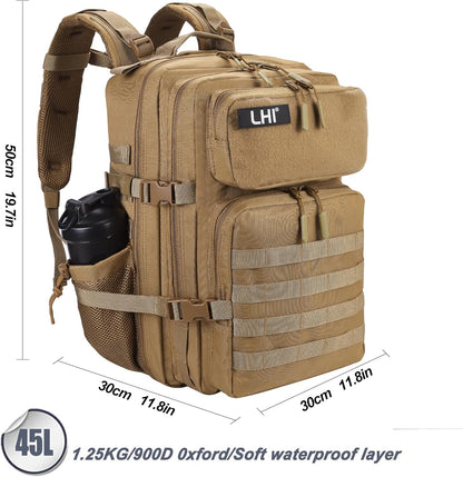 LHI Military Tactical Backpack for Men and Women 45L Army 3 Days Assault Pack Bag Large Rucksack with Molle System - Black - Colors B