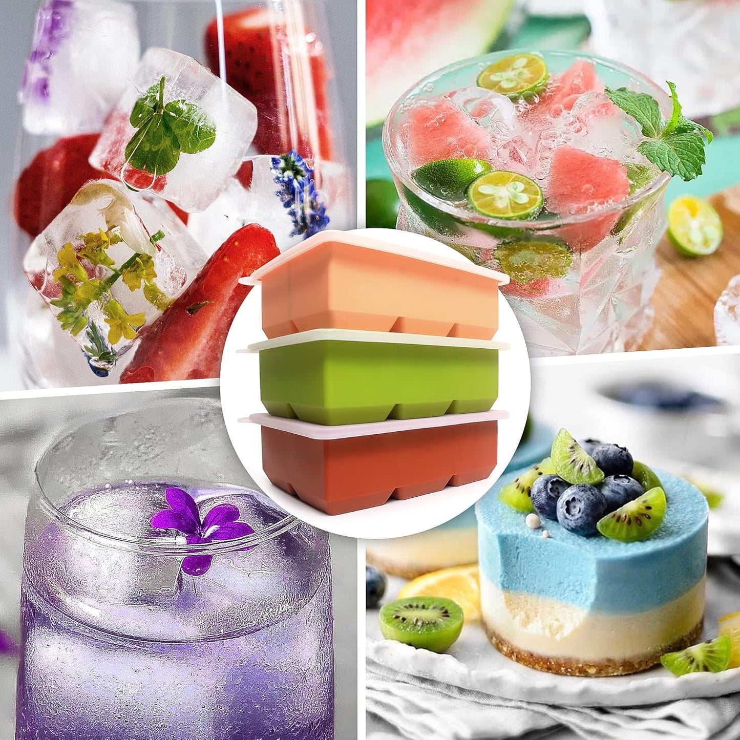 Excnorm Silicone Ice Cube Trays 3 Pack - Large Size Silicone Ice Cube Molds with Leak Proof Removable Lid Square Ice Cube Tray And BPA Free for Cocktail,Whiskey, Stackable Flexible Ice