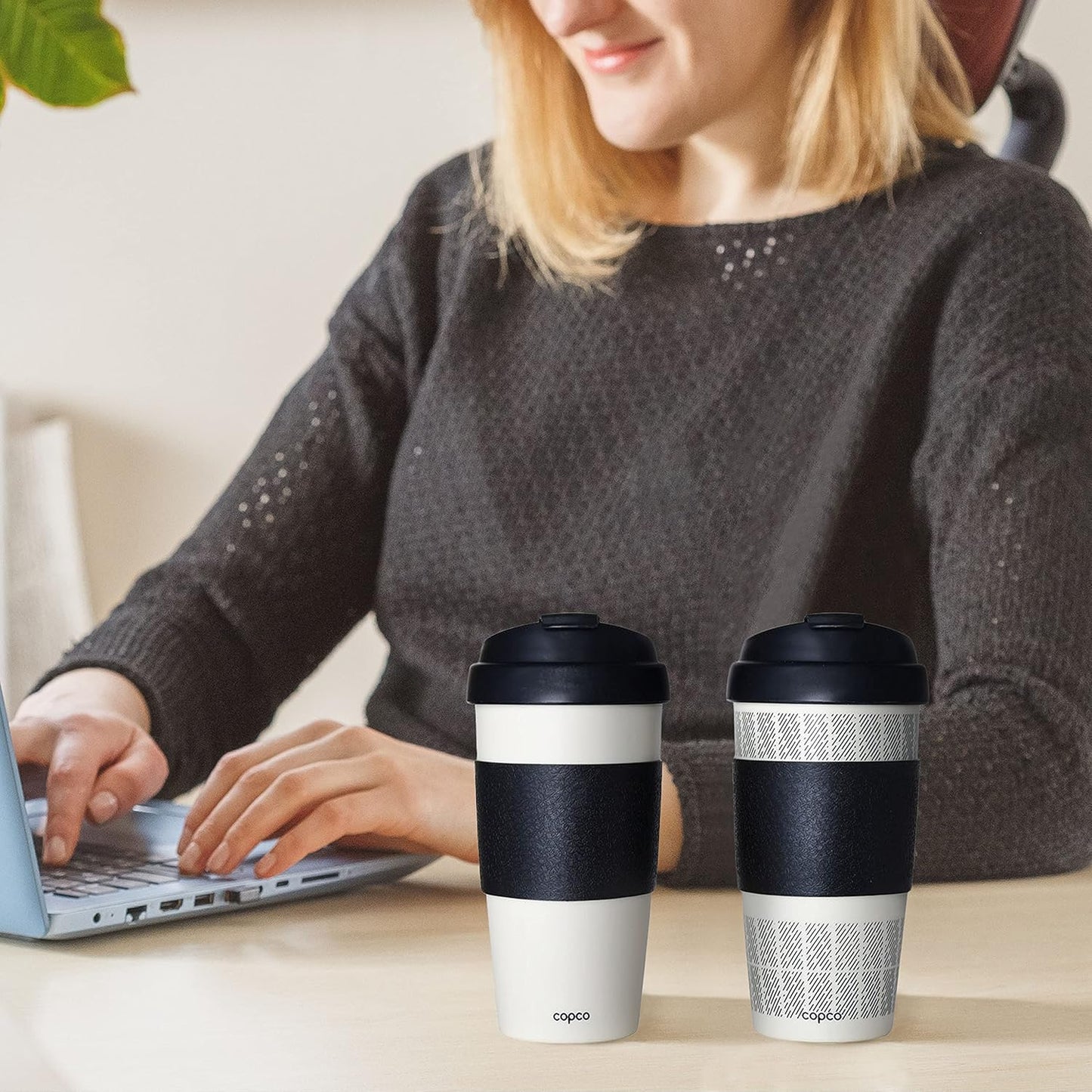 Copco 5237160 Reusable, Insulated Double Wall Travel Mugs 16-ounce White/Black , 2 Count ( Pack of 1)