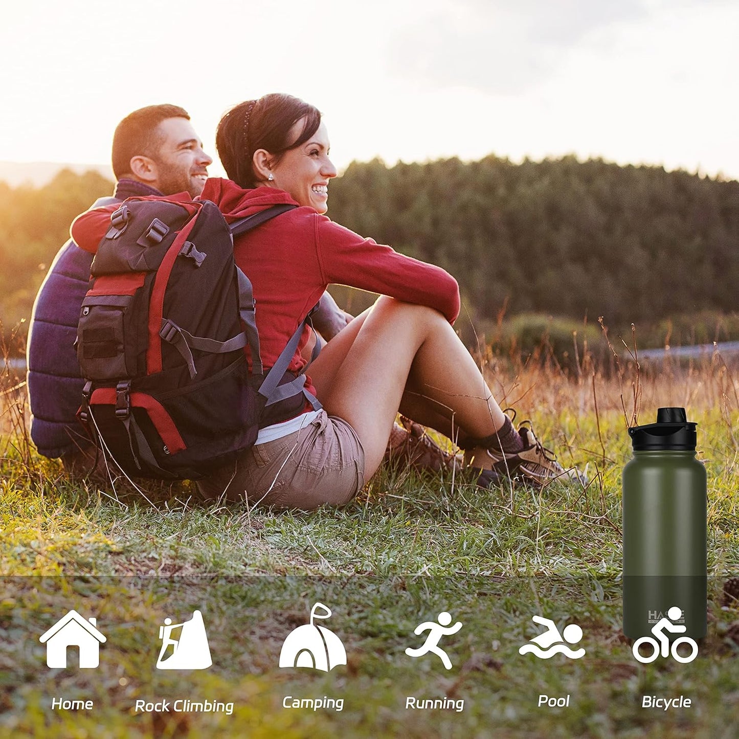 HASLE OUTFITTERS 32 oz Insulated Water Bottle Stainless Steel Double Walled Vacuum Sports Water Bottle with 2 Lids (Straw and Spout Lid) for Gym Camping Hiking(Black,1)