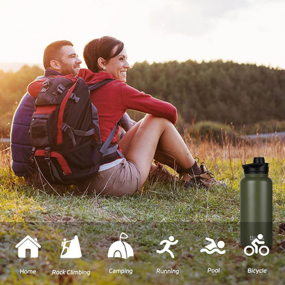 HASLE OUTFITTERS 32 oz Insulated Water Bottle Stainless Steel Double Walled Vacuum Sports Water Bottle with 2 Lids (Straw and Spout Lid) for Gym Camping Hiking(Black,1)