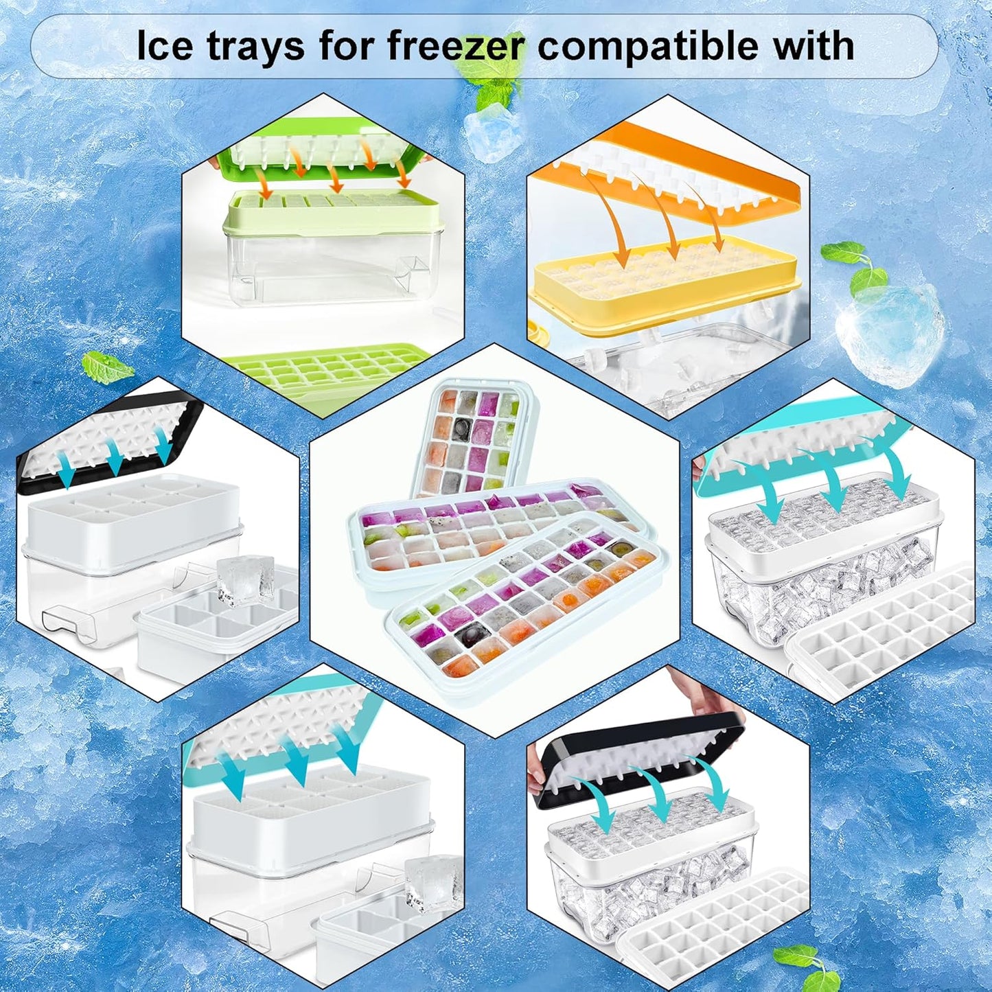 Ice Trays for Freezer with Lid & Bin, Ice Cube Tray Making 64 pcs Ice Cubes, Easy Press to Release Ice, Ice Tray with Storage Bin Chilling Cocktail Whiskey Coffee 2 Trays 1 Ice Bucket & Scoop (Black)