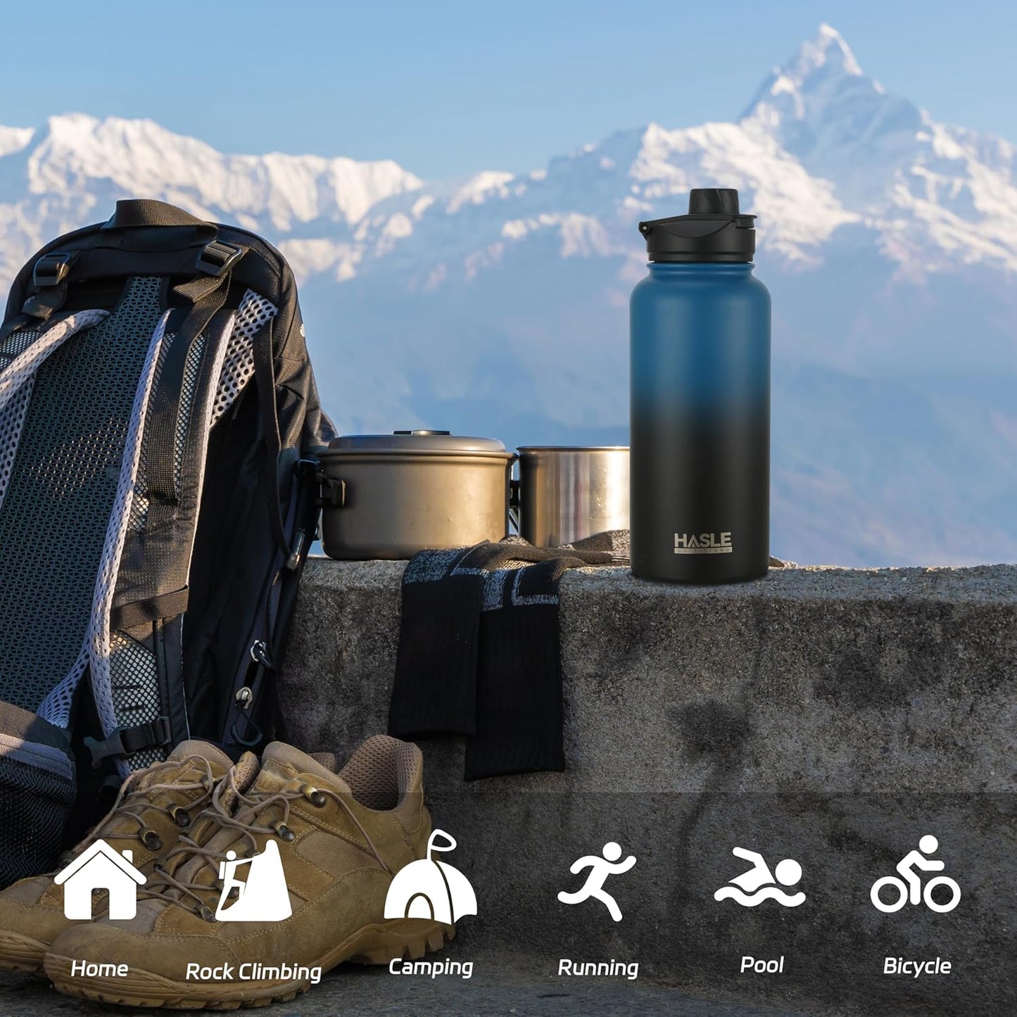 HASLE OUTFITTERS 32 oz Insulated Water Bottle Stainless Steel Double Walled Vacuum Sports Water Bottle with 2 Lids (Straw and Spout Lid) for Gym Camping Hiking(Black,1)
