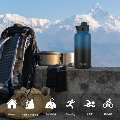 HASLE OUTFITTERS 32 oz Insulated Water Bottle Stainless Steel Double Walled Vacuum Sports Water Bottle with 2 Lids (Straw and Spout Lid) for Gym Camping Hiking(Black,1)