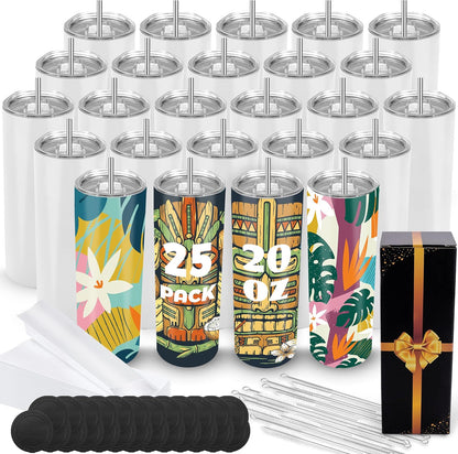 Joyclub Sublimation Tumblers Blanks 20 oz 10 Pack Skinny Straight Tumblers Bulk Stainless Steel Insulated Sublimation Cups with Lid and Straw, Gift Box