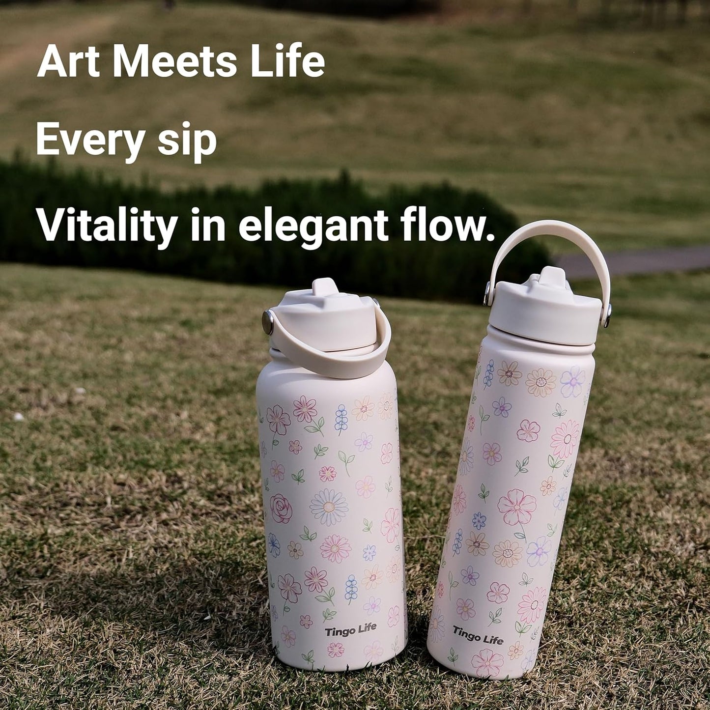 25oz Insulated Stainless Steel Aesthetic Cute Water Bottle - 2 Lids Included (Straw + Sport Handle), Leakproof BPA-Free, Dreamy Cream Cute Floral Design, Perfect Gym/Yoga/Office Companion