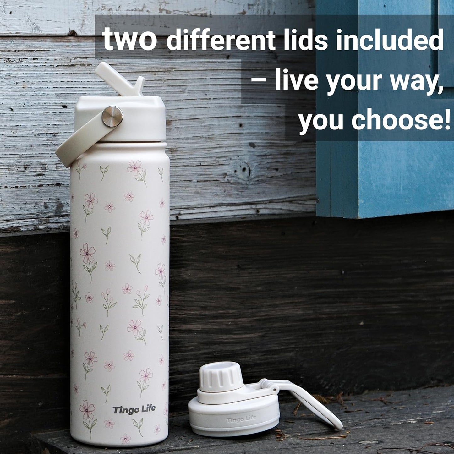 25oz Insulated Stainless Steel Aesthetic Cute Water Bottle - 2 Lids Included (Straw + Sport Handle), Leakproof BPA-Free, Dreamy Cream Cute Floral Design, Perfect Gym/Yoga/Office Companion