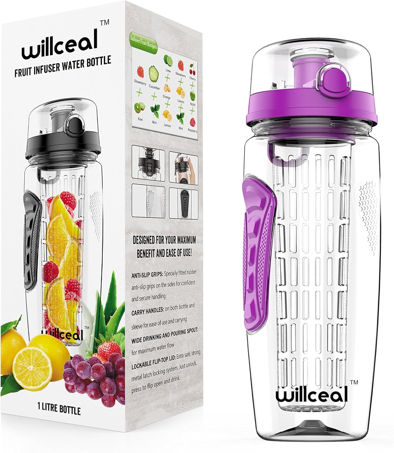 Fruit Infuser Water Bottle 32oz- Durable, Large - BPA Free Tritan, Flip Lid, Leak Proof Design - Sports, Camping