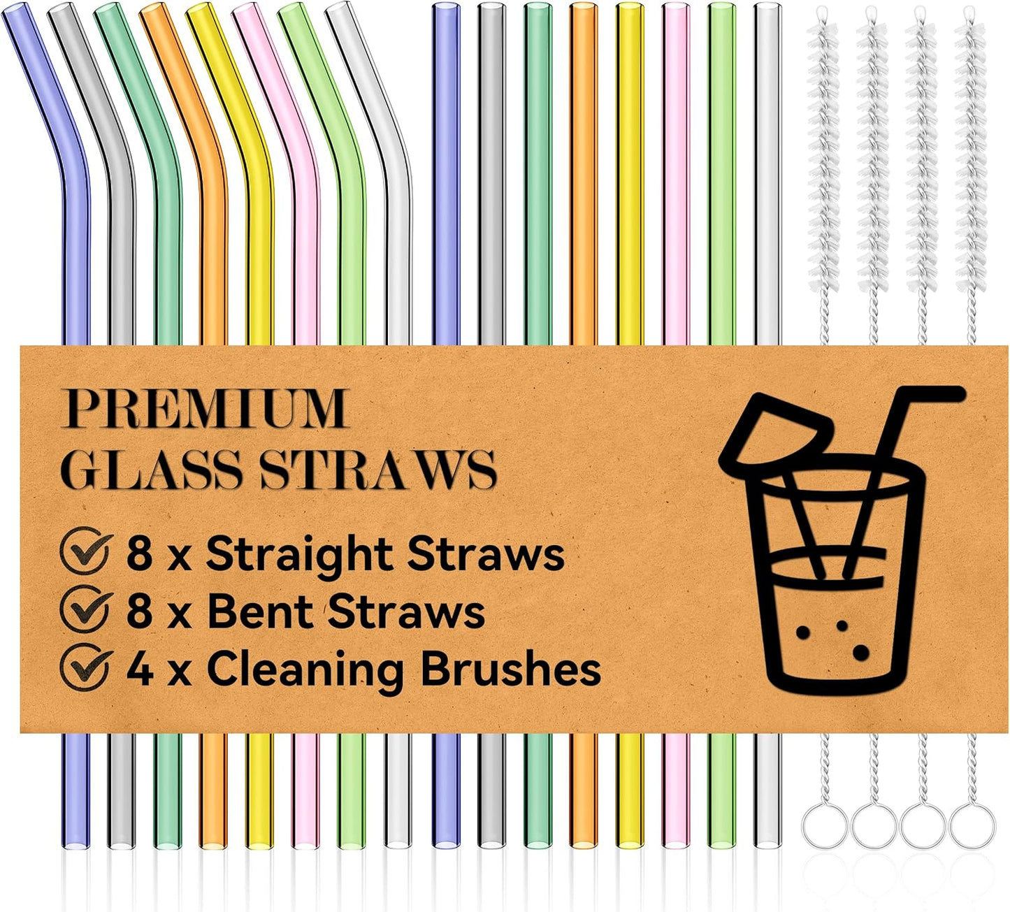Foogwee® 20 Packs Reusable Glass Straws Set, 8.5'' x 10mm Clear Drinking Straws for Smoothies, Shakes, Coffee, Juice, Sodas, Milk, Tea, Cocktails, Set of 8 Straight and 8 Bent with 4 Cleaning Brushes
