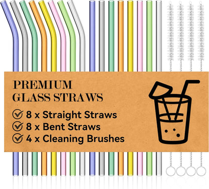 Foogwee® 20 Packs Reusable Glass Straws Set, 8.5'' x 10mm Clear Drinking Straws for Smoothies, Shakes, Coffee, Juice, Sodas, Milk, Tea, Cocktails, Set of 8 Straight and 8 Bent with 4 Cleaning Brushes