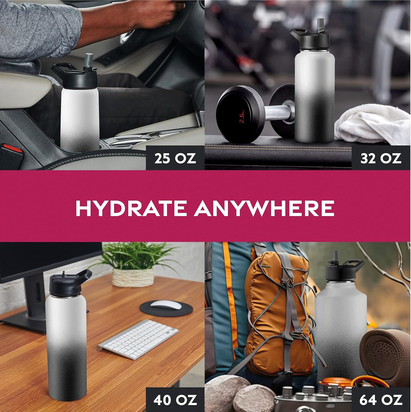 FineDine Water Bottle - Stainless Steel Insulated Water Bottle with Straw Lid, Flip Lid & Wide-Mouth Cap - Keeps Hot and Cold - 25 Oz / 739ml - Dreamy Purple