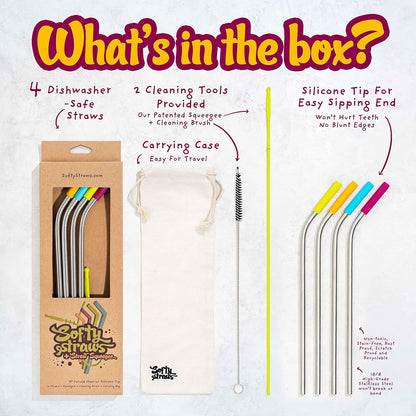 Softy Straws Premium Reusable Stainless Steel Drinking Straws With Silicone Tips + Patented Straw Cleaners and Carrying Case - 9” Long Metal With Curved Bend for 20/30/32oz Tumblers