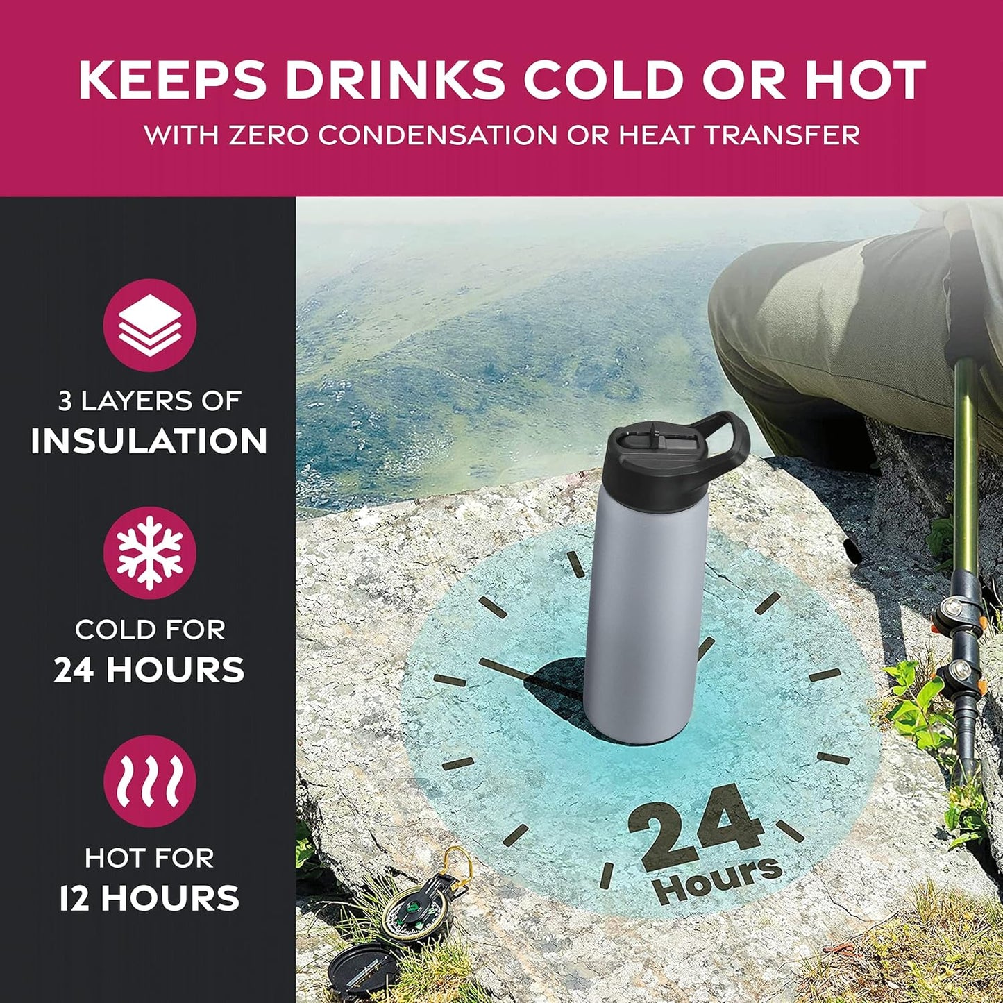 FineDine Water Bottle - Stainless Steel Insulated Water Bottle with Straw Lid, Flip Lid & Wide-Mouth Cap - Keeps Hot and Cold - 25 Oz / 739ml - Dreamy Purple
