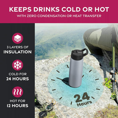 FineDine Water Bottle - Stainless Steel Insulated Water Bottle with Straw Lid, Flip Lid & Wide-Mouth Cap - Keeps Hot and Cold - 25 Oz / 739ml - Dreamy Purple