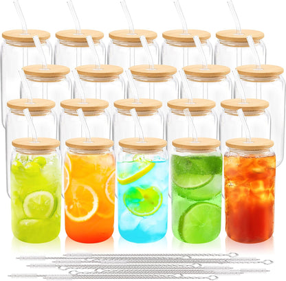 Joyclub 20 Set Glass Cups with Bamboo Lids and Glass Straws 16oz Can Shaped Reusable Iced Coffee Glasses Bulk Set Drinking Jars wholesale for Party Weddings Cafes Boba Shops Gifts DIY