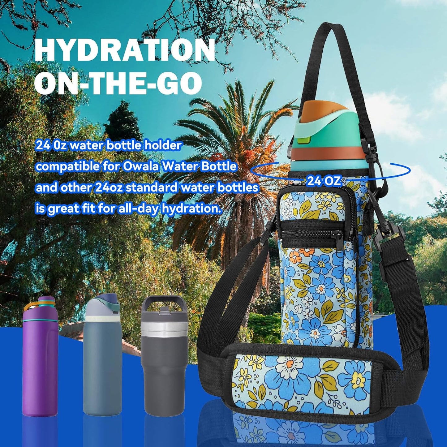 Neoprene Water Bottle Holder Bag with Cell Phone Pocket Compatible with Owala FreeSip 24 oz，Water Bottle Carrying Bag ，with Adjustable Shoulder Strap,for 24oz Stainless Steel Water Bottle