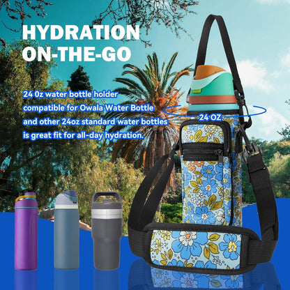 Neoprene Water Bottle Holder Bag with Cell Phone Pocket Compatible with Owala FreeSip 24 oz，Water Bottle Carrying Bag ，with Adjustable Shoulder Strap,for 24oz Stainless Steel Water Bottle