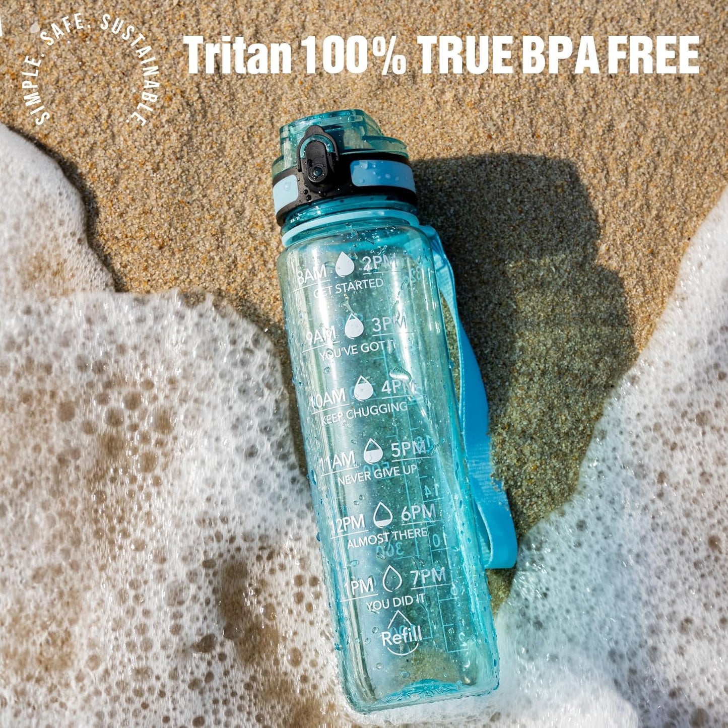 OLDLEY Water Bottle, 32oz Motivational Sports Water Bottle with Time Marker - Times to Drink - Tritan, BPA Free, Wide Mouth Leakproof, Clear (1 Bottle)